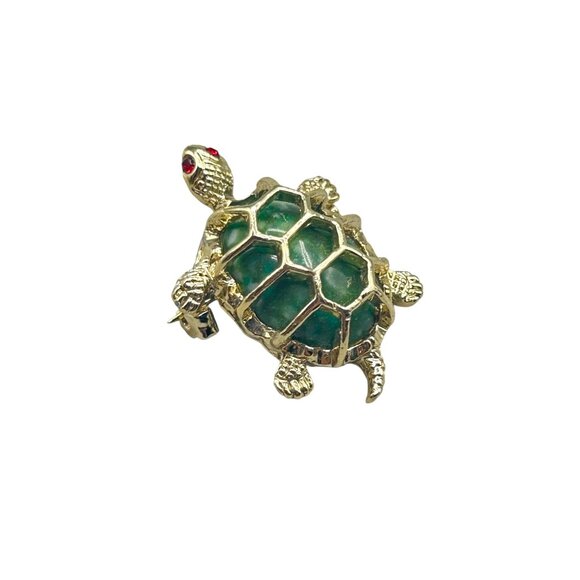 Vintage Turtle Scatter Pin Gold Tone Green Plastic Shell Sea Animal Figural - Picture 1 of 7